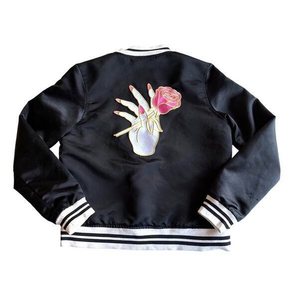 Big Bud Press Stem to Stem Embroidered Roses Poly Satin Black Bomber Jacket M - Picture 3 of 13